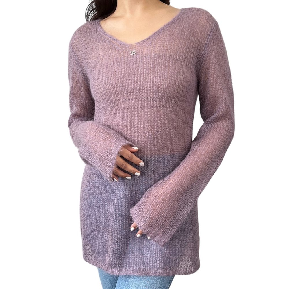 CHANEL Vintage 98A CC Mark Logo Sweater Top #38 Clochette Purple Mohair [102700]